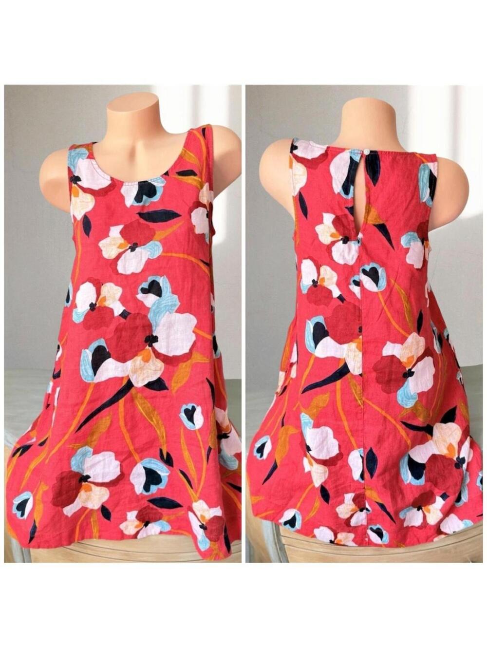 Sigrid Olsen 100% Linen Floral Sleeveless Shift Dress Summer Resort tropical
